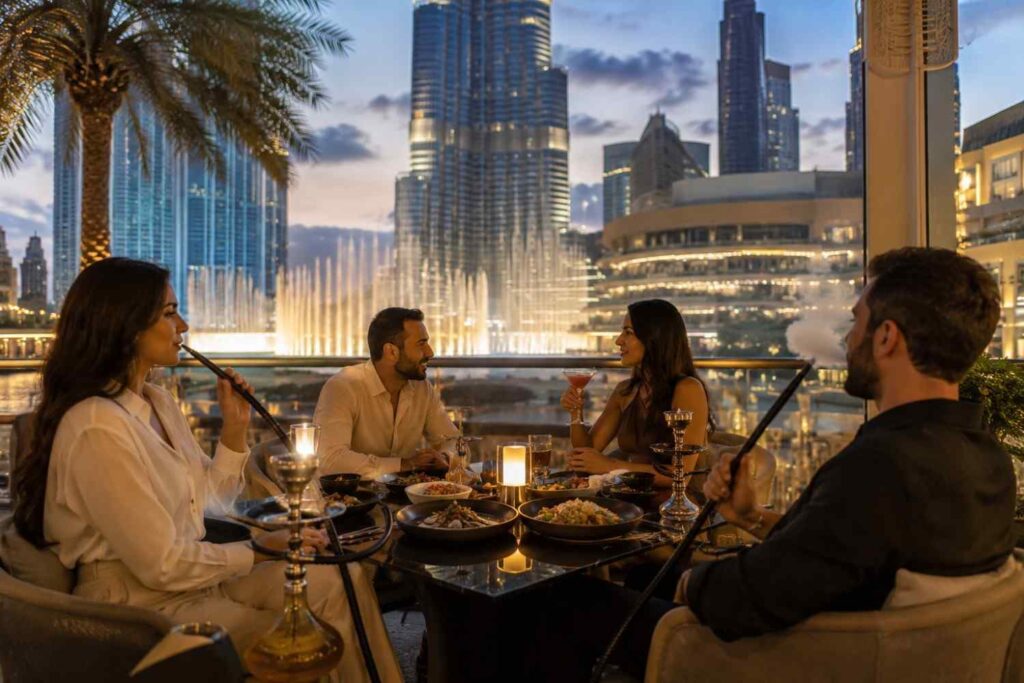 Friends enjoying fine dining and shisha on a luxury outdoor terrace with stunning city skyline and fountain views at sunset.