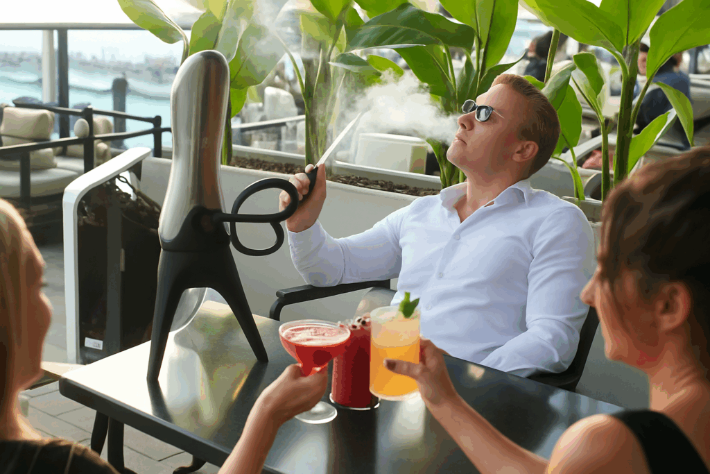 man enjoying shisha at MYA restaurant with two ladies enjoying coctails