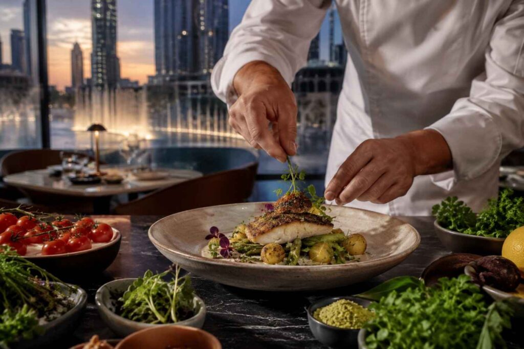 Chef plating a seasonal gourmet dish with fresh ingredients in a luxury restaurant overlooking the Dubai Fountain and skyline.