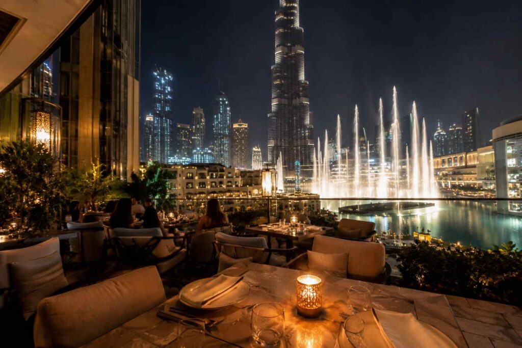 Elegant terrace dining with city view