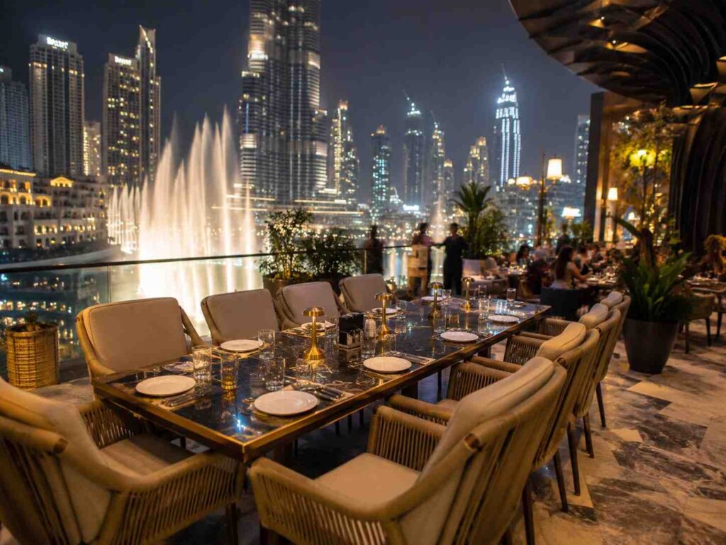 Elegant terrace dining ambiance with city view