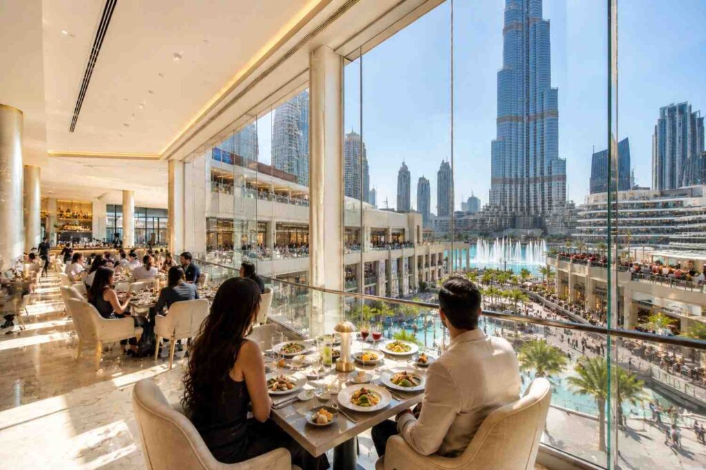 Luxury indoor dining experience at MYA in Dubai Mall, featuring elegant seating, gourmet cuisine, floor-to-ceiling windows, and breathtaking views of the Burj Khalifa and Dubai Fountain in a bright, sophisticated setting.