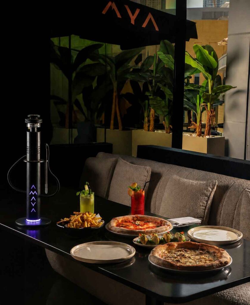 Modern lounge with hookah and drinks